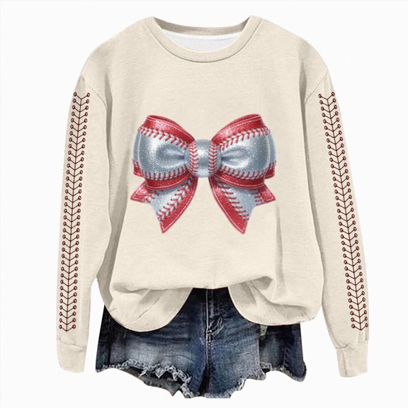 Towmus Baseball Shirts for Women Baseball Bow Graphic T-Shirt Softball Mom Sweatshirts Game Day Gifts Casual Long Sleeve Pullover Tops