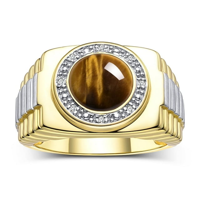 RYLOS Men's Rings 14K Yellow Gold Ring Cabochon Gemstone & Diamonds Designer Style Tiger Eye Rings For Men Size 8