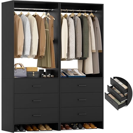 Freestanding Closet System Organizer Wardrobe Tower With Hanging Rods And Wooden Storage Drawers For Bedroom Walk In Small Closets Modern Minimalist Style