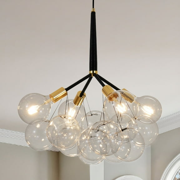 31.5" Modern Crystal Ball Chandelier with 12 Glass Globe - 4-Light Matte Black Frame & Adjustable 11" Hanging Rod | E26 Sockets (Bulbs Included) 51.2" Height for Large Dining Room / Foyer Lighting