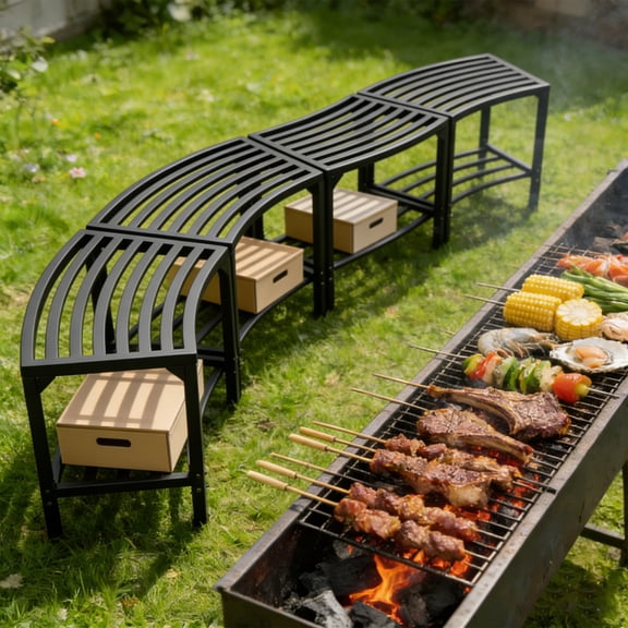 4-Piece Heavy-Duty Metal Backless Storage Bench Set, Weather-Resistant Curved Outdoor Bench & Plant Stand, Black