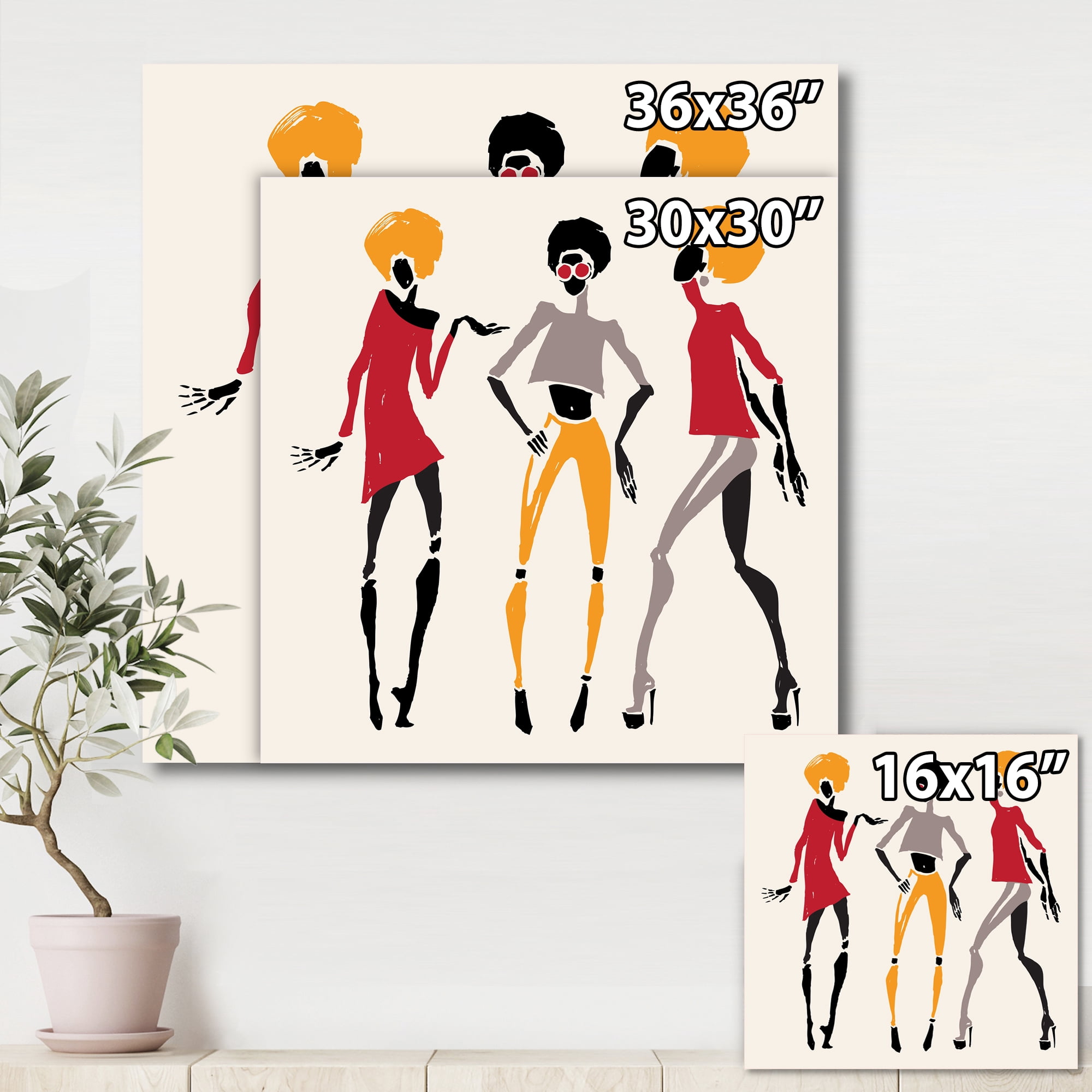Designart ' African American Women Silhouettes Red and Yellow I ' Modern Canvas Wall Art Print