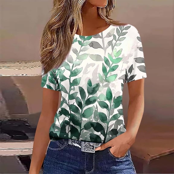 Yotami Short Sleeve Top for Women Summer Plus Size T-Shirt for Outdoor Round Neck Floral Print Comfortable Tee Green L