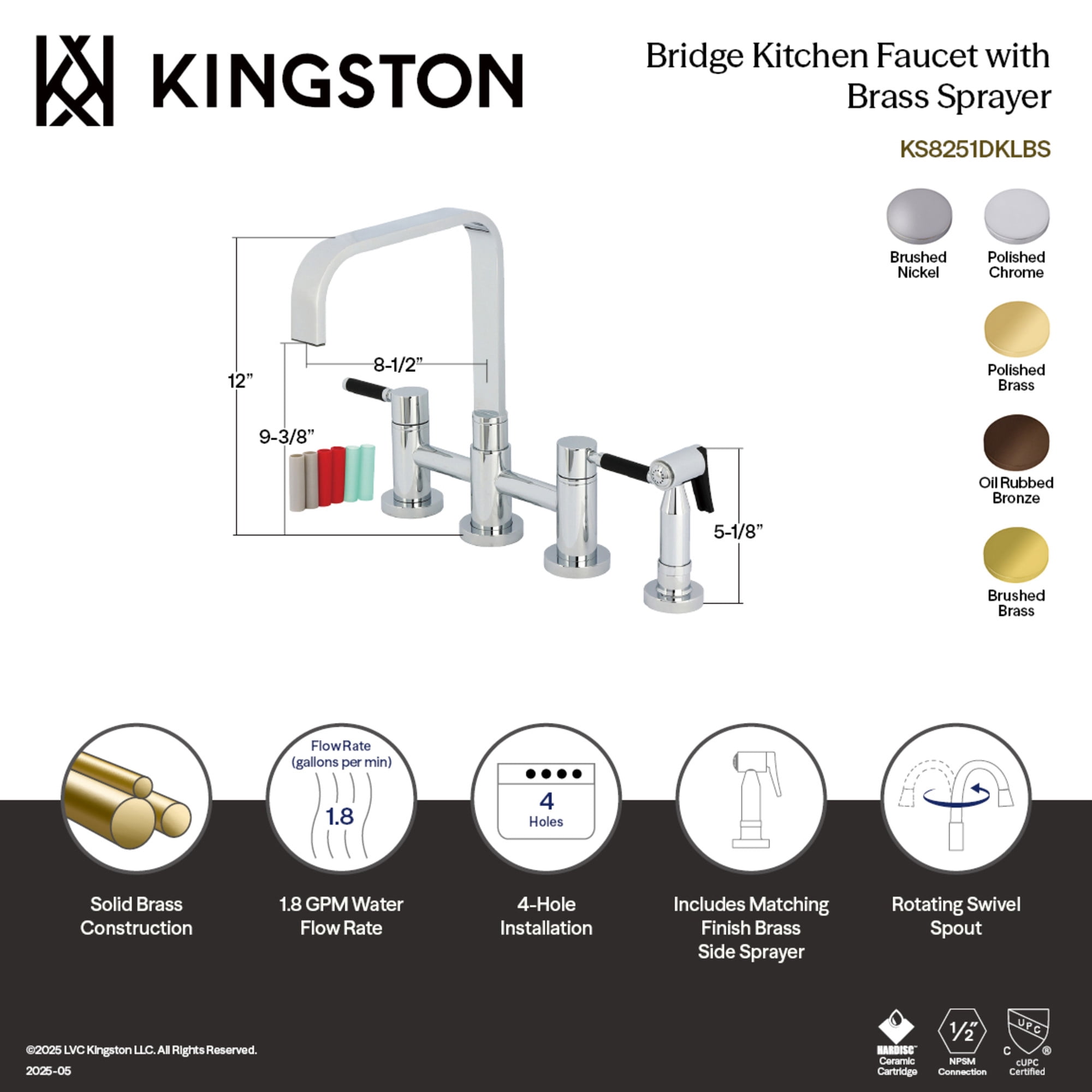 Kingston Brass KS8255DKLBS Kaiser Two-Handle 4-Hole Deck Mount Bridge Kitchen Faucet with Brass Side Sprayer in Oil Rubbed Bronze