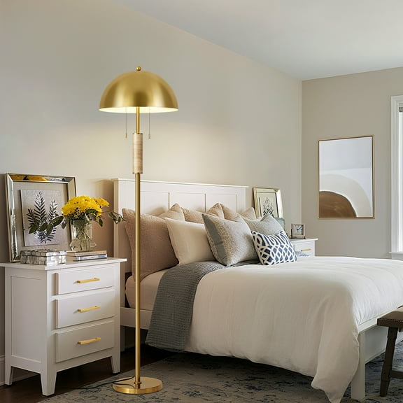 Modern Gold Metal Floor Lamp with Metal Dome LightShade, Pull-Chain Switch, Soft Ambient Light for Living Room Bedroom.