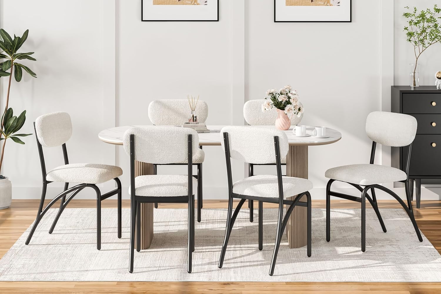 GarveeHome Boucle Dining Chairs Set of 2, Mid-Century Modern Upholstered Accent Chairs with Arched Metal Legs for Dining Room, Kitchen, Living Room, Beige