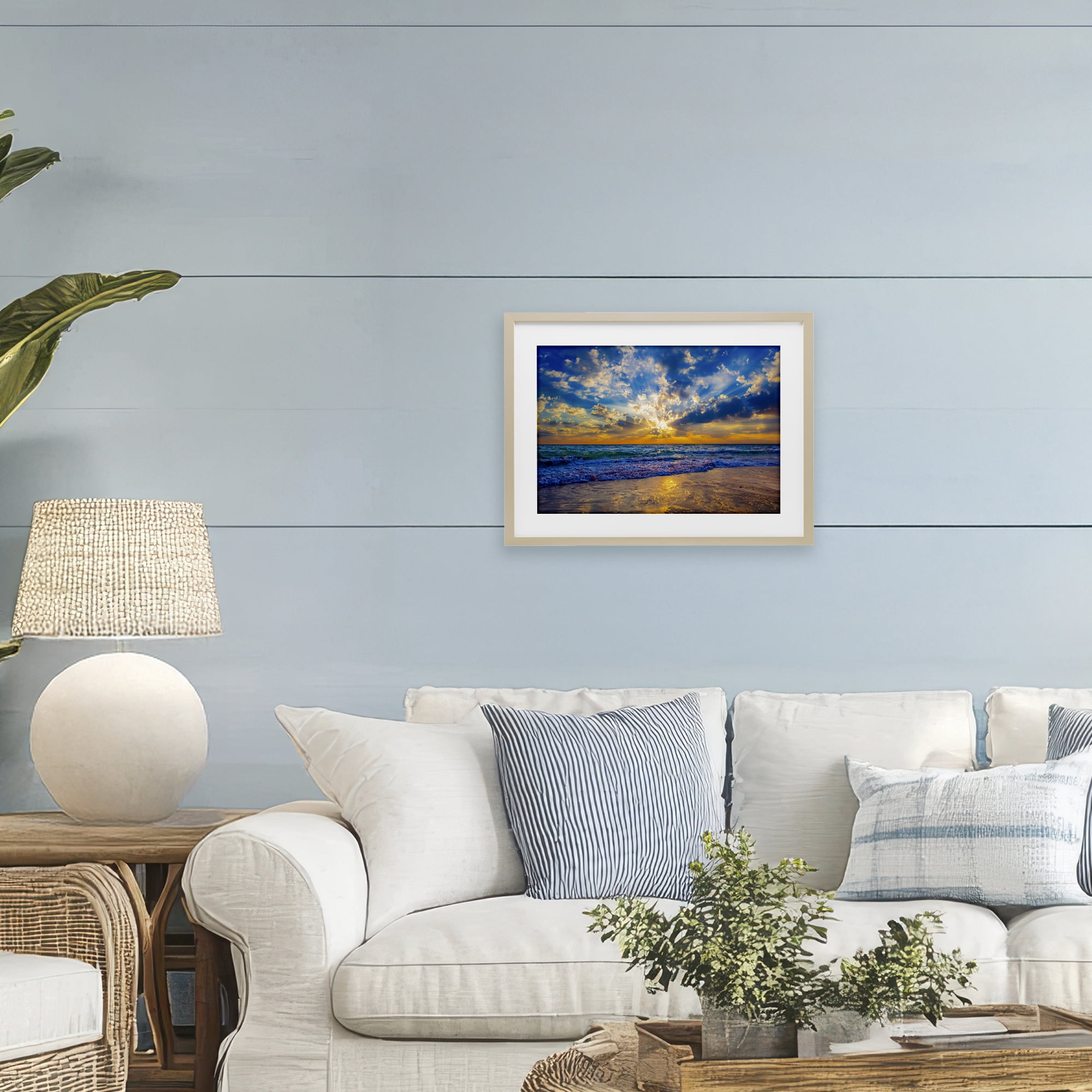 Stupell Industries Golden Blue Sun Ray On Beach Birch Framed Print Under Glass, design by Eszra Tanner