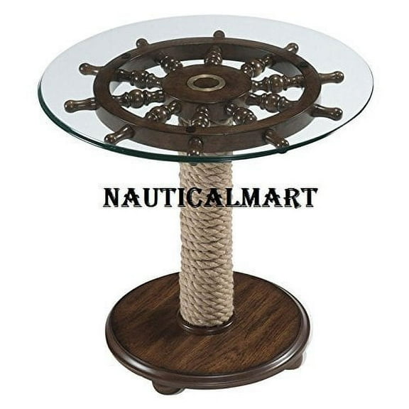 Nautical Ship Wheel Designer Style Round Coffee Table 24" Solid Brass & Wooden Base Home Hotel Restaurant & Bar Luxury Furniture Decorative