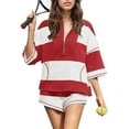 thumbnail image 4 of Two Piece Workout Sets for Women Summer Outfits Striped Quarter Zip Matching Lounge Set Going Out Top and Shorts, 4 of 8
