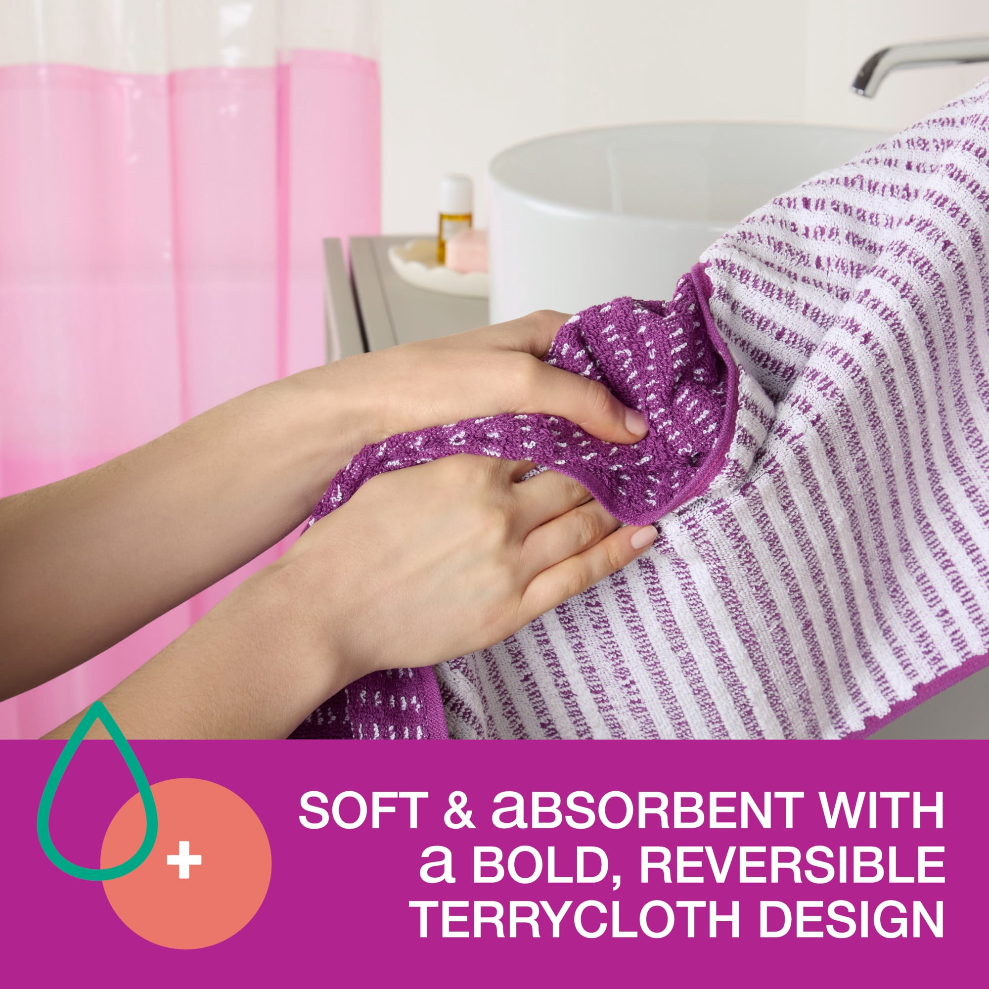 TOWN & COUNTRY PLAY 4-Piece Striped Reversible Terry Brights Hand Towel Set, 20"x30", 100% BCI Cotton, Plush & Absorbent 550GSM, Grape Purple