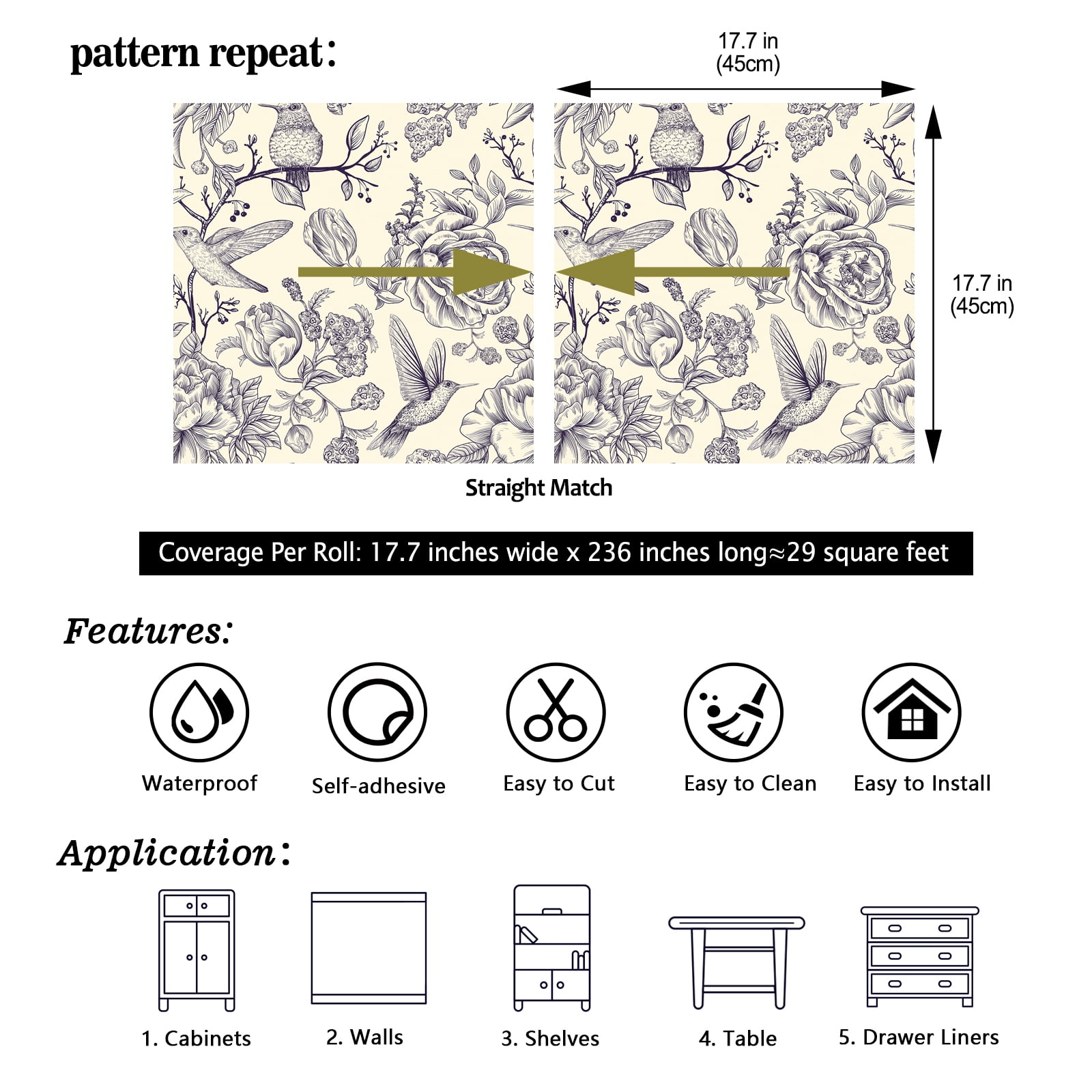CHIHUT Floral Peel and Stick Contact Paper for Countertops Waterproof 17.7”x236”Self Adhesive Birds Wallpaper for Bedroom Removable Purple Peony Floral Leaf Wall Paper Vinyl Roll for Bathroom Walls