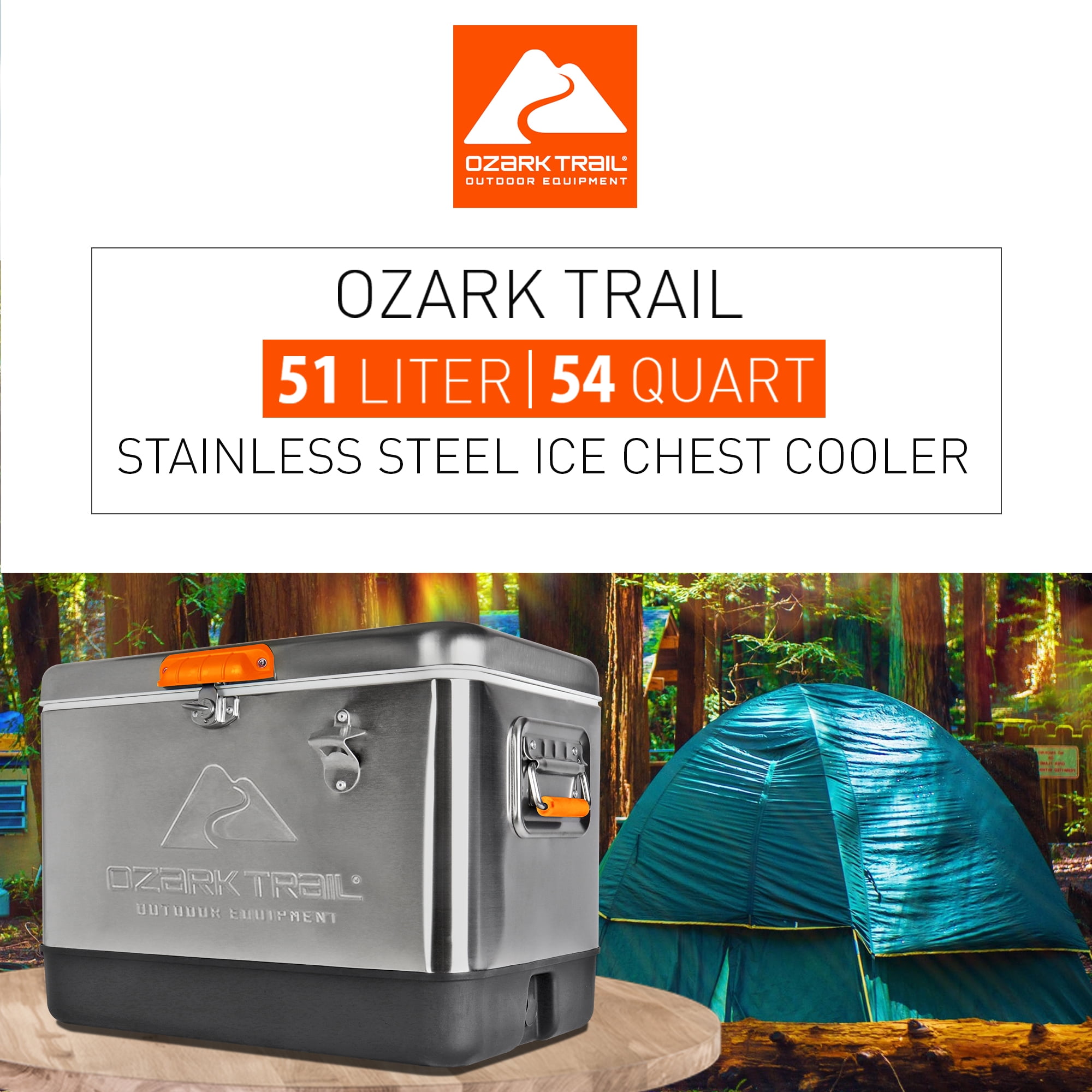 Glacière Ozark Trail 54 litres, glacière portable en acier inoxydable avec décapsuleur, capacité de 85 canettes, 51 litres