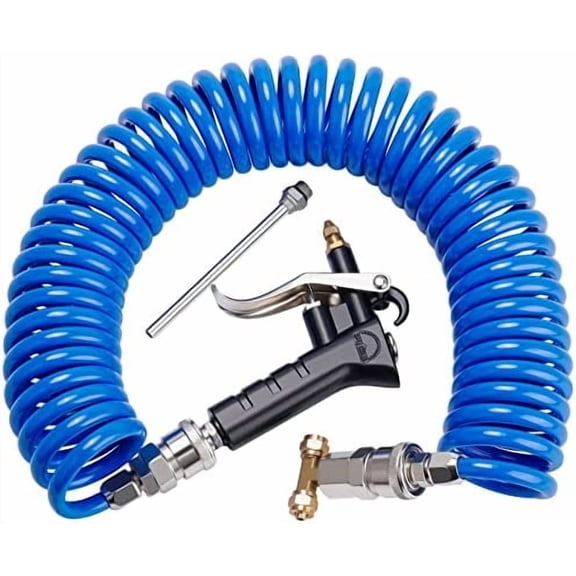 Heavy Duty Truck Air Duster Blow Gun Cleaning with 9 Meter Long Coil and 2 interchangeable nozzle tips- Blue Air Seat Blow Gun Kit