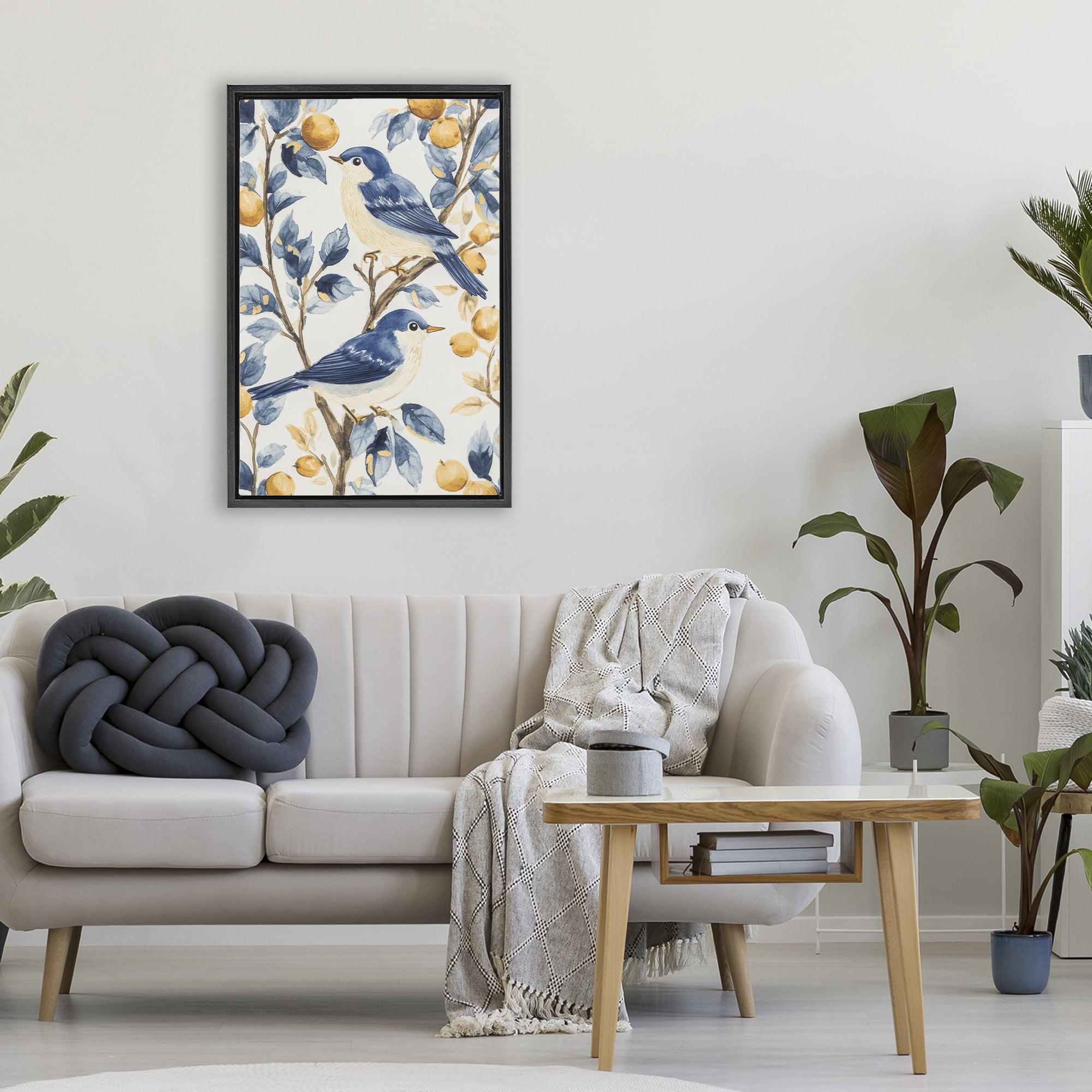 Stupell Industries Sweet Blue Birds on Lemon Branch Black Framed Floater Canvas Wall Art, design by Petal Prints Design