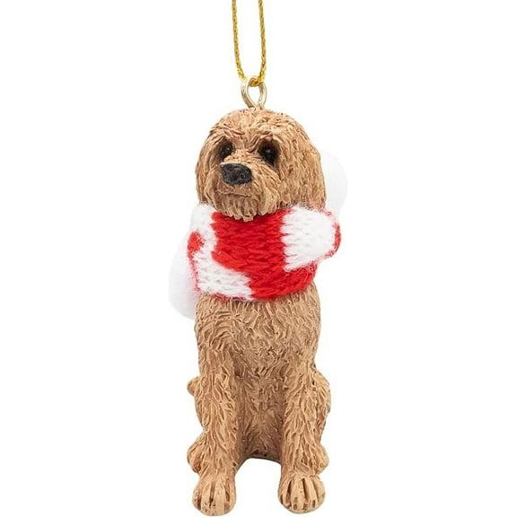 Goldendoodle Christmas Tree Dog Ornament with Candy Cane Fabric Scarf
