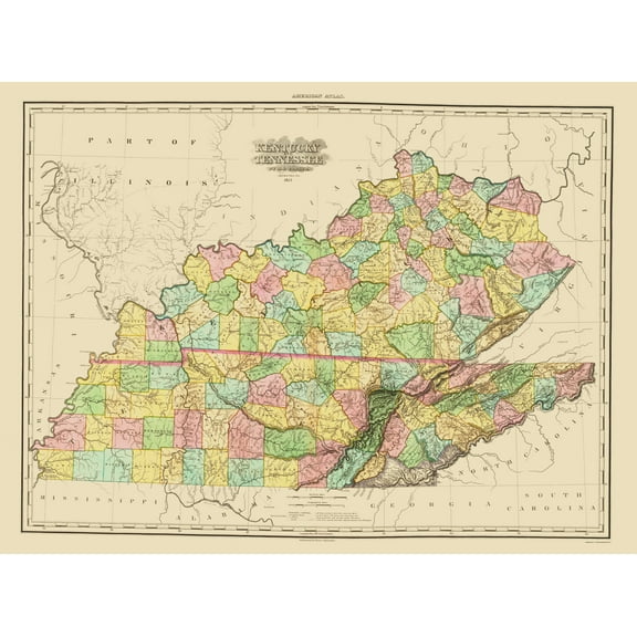 Historic State Map - Kentucky Tennessee Counties - Tanner 1825 - Vintage Wall Art