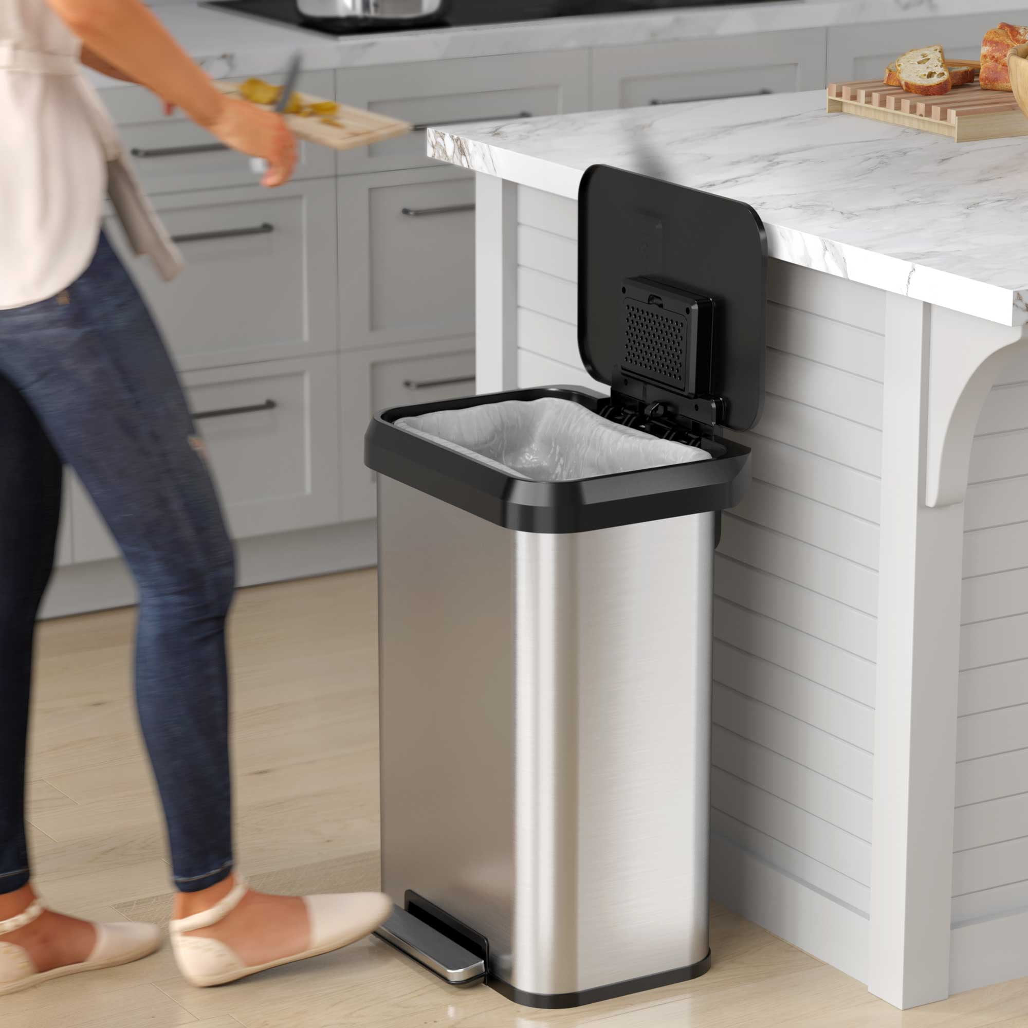 iTouchless SoftStep EXP 13.2 Gallon Step Pedal Trash Can with AbsorbX Odor Filter, Stainless Steel with Durable Plastic Lid, 50 Liter Garbage Bin for Kitchen, Home, Office, Business