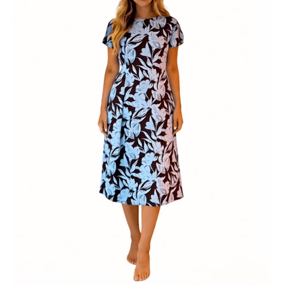 Gamivast Womens Floral Dress Short Sleeve Round Neck Maxi Dress Tropical Leaf Print Boho Dress A-Line Casual Summer Beach Vacation Trip Holiday Party
