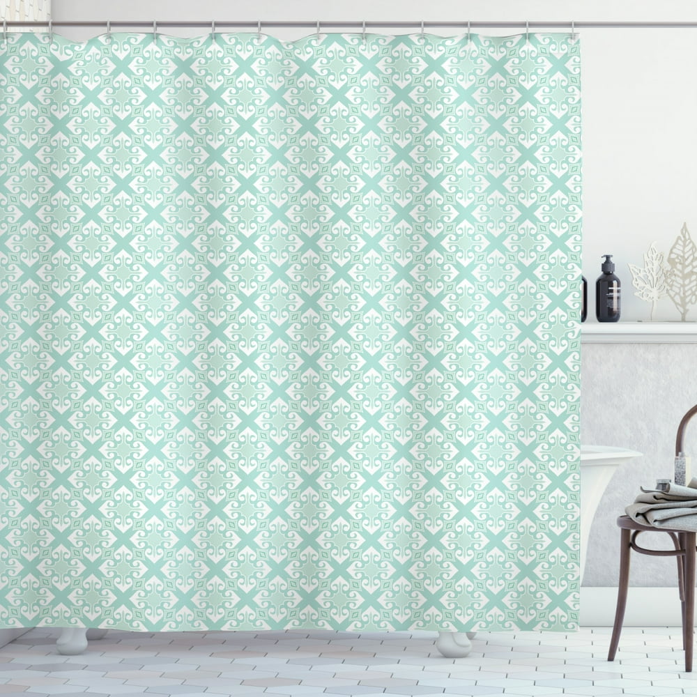 Teal And White Shower Curtain, Old Fashioned Abstract Mosaic Design 