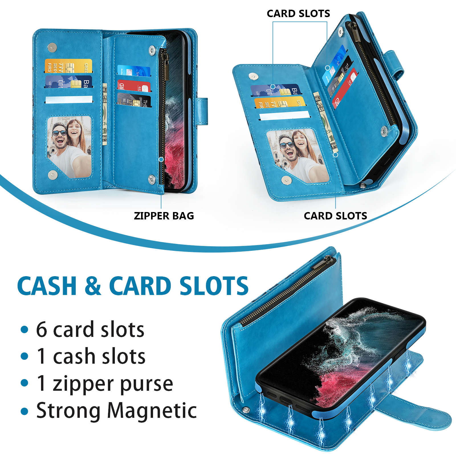 Asuwish Phone Case for Samsung Galaxy S22 Ultra 5G Zipper Wallet Magnetic Detachable Cell Cover with Tempered Glass Screen Protector Crossbody Strap Flower Card Holder Slot S22ultra 22su Women Blue