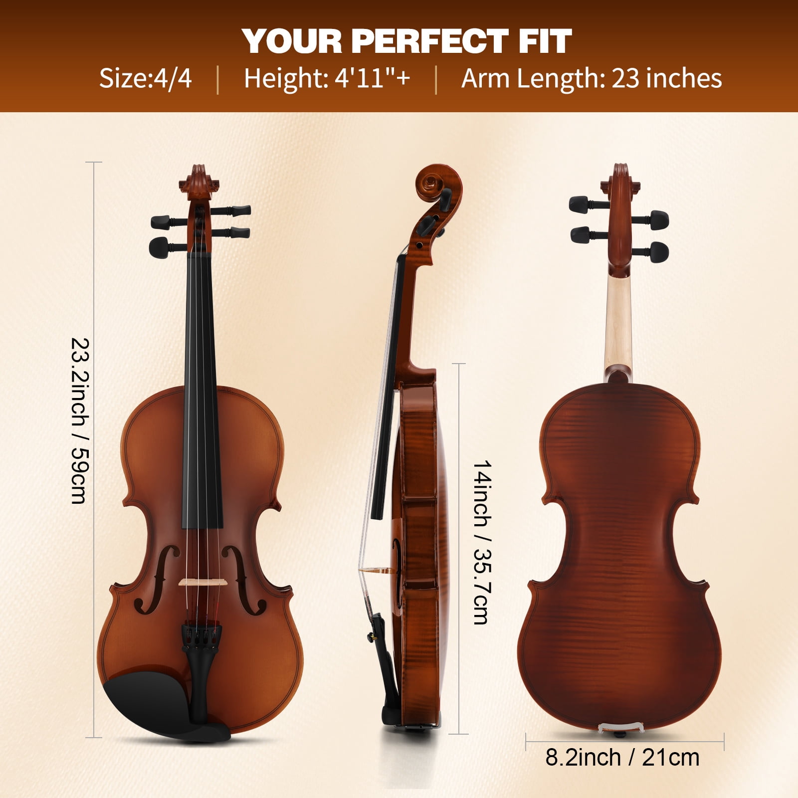 MUSTAR 4/4 Full Classic Violin Set with Bow, Rosins, Hard Case, Mute, Fingerboard Stickers, Shoulder Rest, Beginner Kit (Brown)