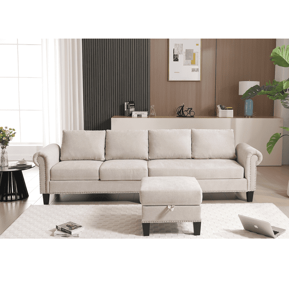Newboti Furniture Convertible Sectional Sofa with Storage,L-shaped sofa,Four-seater sofa,Modern Linen Fabric Sectional Couches for Living Room, Beige 03220