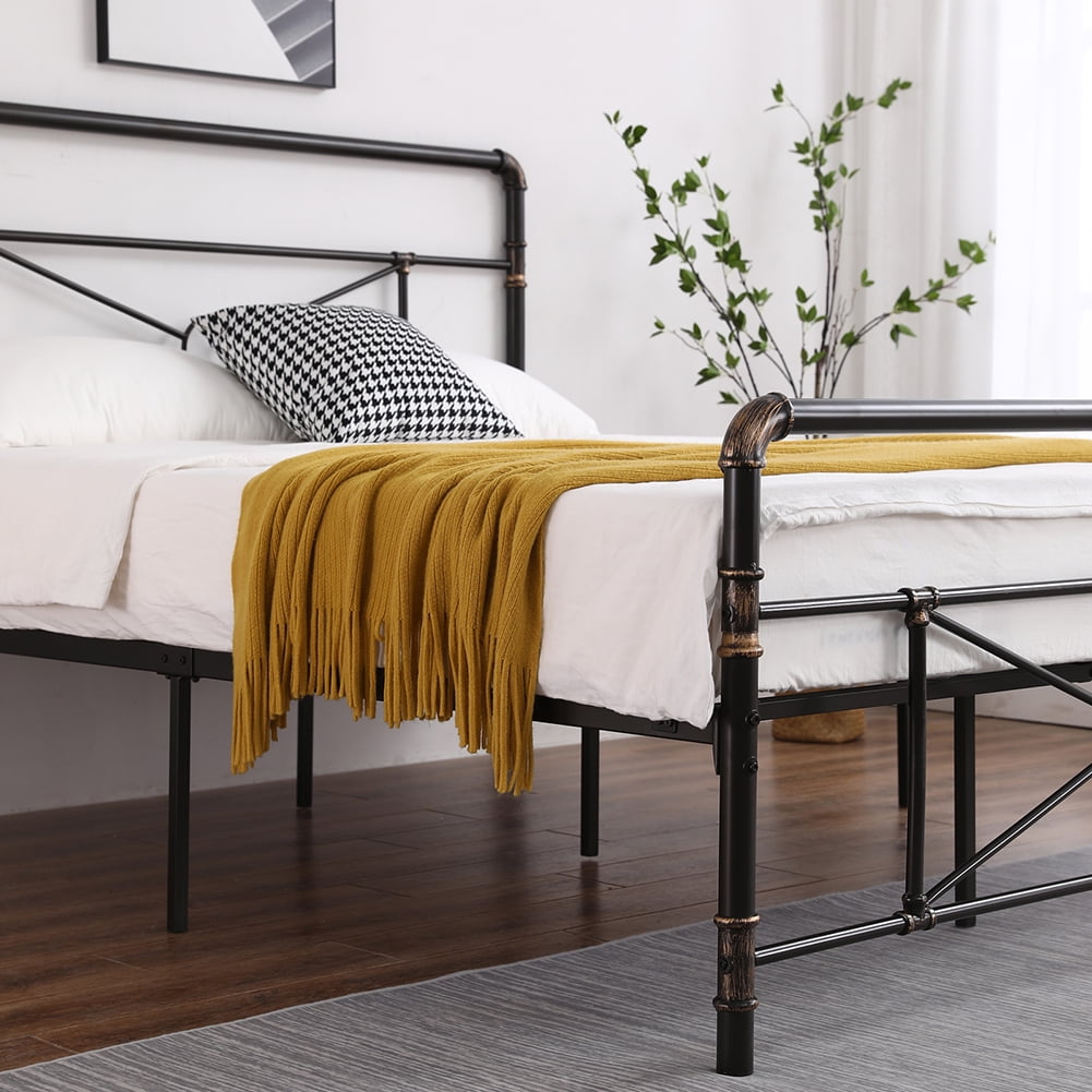 Kepooman Single-layer Black Metal Double Bed Cross Design with Bed Foot Full black, 63.80"L x 20.87"W x 5.51"H, Queen Kepooman Single-layer Black Metal Double Bed Cross Design with Bed Foot Full black, 63.80"L x 20.87"W x 5.51"H, Queen