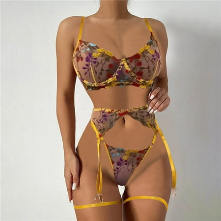

B91xZ Lingerie For Women Women Lace Floral Color Matching With Steel Ring Bra Briefs Lingerie Lingerie for Women plus Size Yellow L