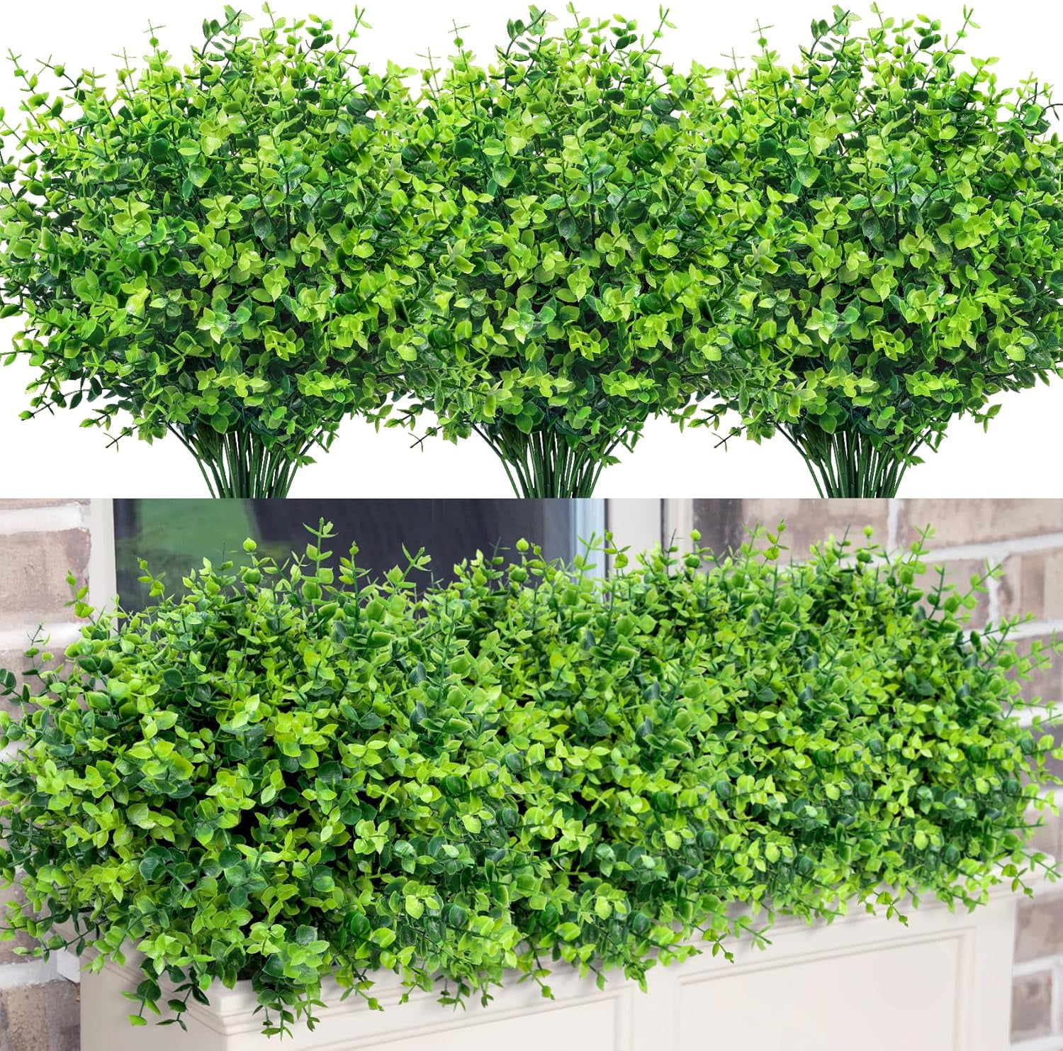 12 Bundles Greenery Artificial Plants Outdoors, Eucalyptus Stems UV Resistant Fake Foliage Plants Faux Boxwood Shrubs Indoor Decorations Artificial Flowers for Garden Pot Porch Fence Hanging Planter