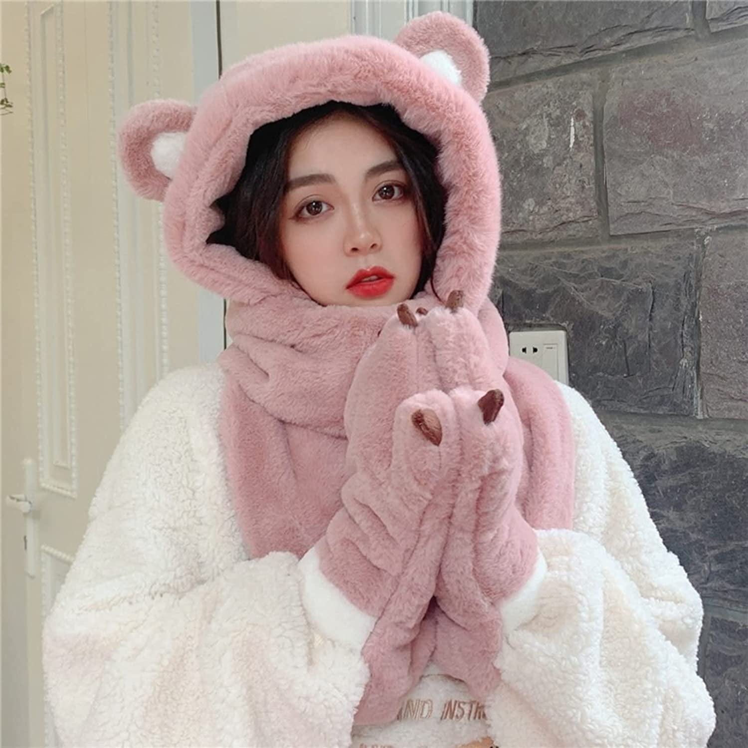 Danceemangoo Women Kawaii Pom Poms Faux Fur Bear Ear Fleece Knit Hat, Japanese Cute Warm Sherpa Scarf Neck Beanie Hat Winter Fall, Adult Unisex, Size