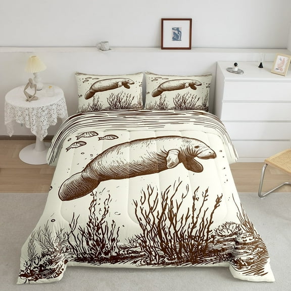 Erosebridal Manatee Comforter Set King Size, Water Animal Bedding , Cartoon Sea Cow Sketch Room Decor Kawaii Ocean Hand Drawn Bedding Comforter Sets, Beige Fishes Plants Quilt