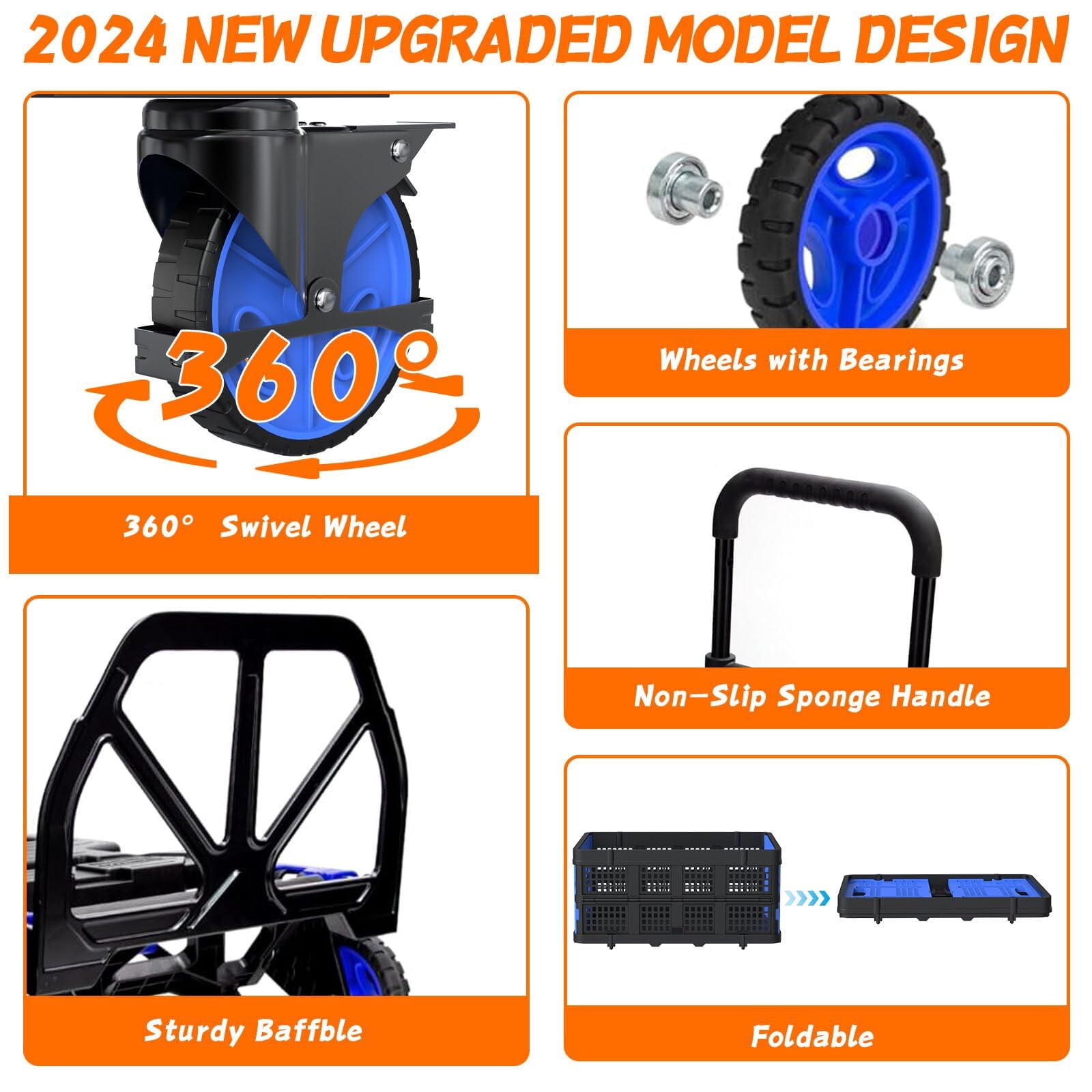 2-in-1Hand Truck Dolly with Folding Basket, Dolly Cart with 4 Wheels, Wagons Carts Foldable with Retractable Handle, Foldable wagon for Moving, 330LBS Capacity, Blue