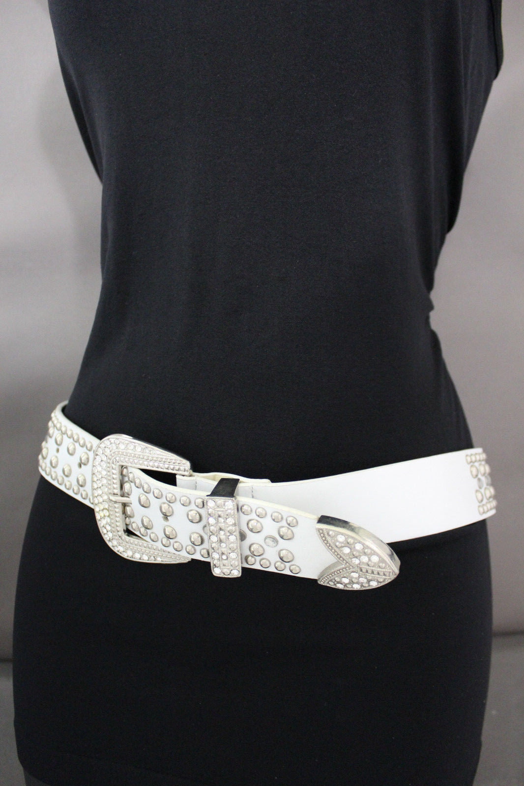 New Women High Waist Wide White Stretch Trendy Belt Silver Studs Snap Size M L 
