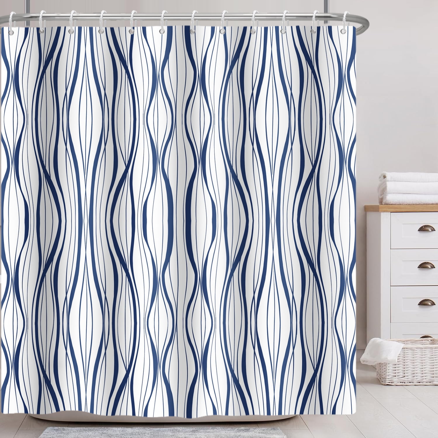 Pbobriich Abstract Striped Shower Curtain for Bathroom Navy Blue Modern Minimalist Shower Curtain with Hooks,72x78 Inches