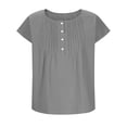 thumbnail image 6 of Htigea Women's Short Sleeve T Shirt Cotton Linen Buttons V Neck Tee Loose Casual Flowy Pleated Tunic Blouse Gray M, 6 of 7