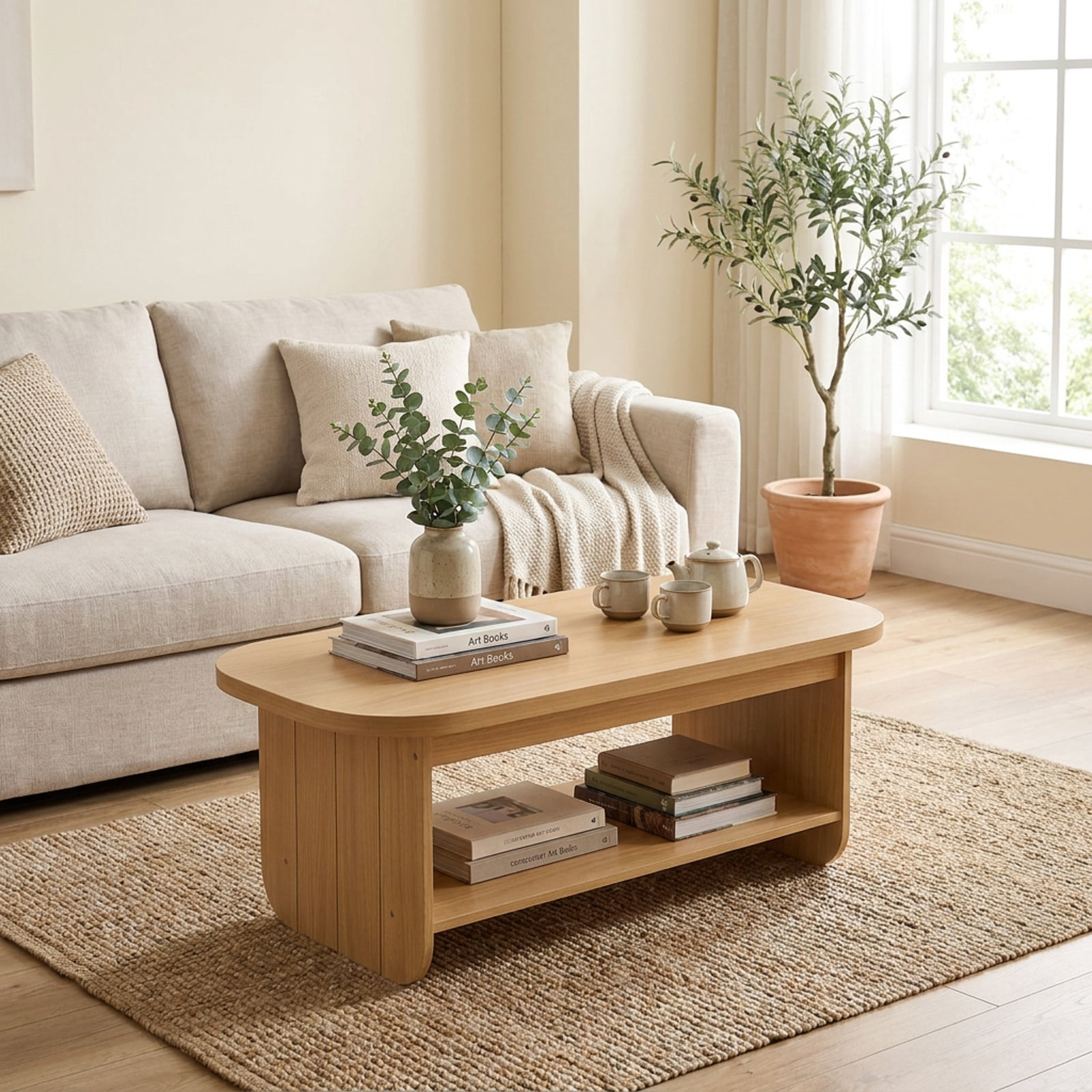 Furnibear 2 Tier Oval Coffee Table with Bottom Storage Shelf and Fluted Design a Mid Century Wood Center Table for the Living Room, Natural