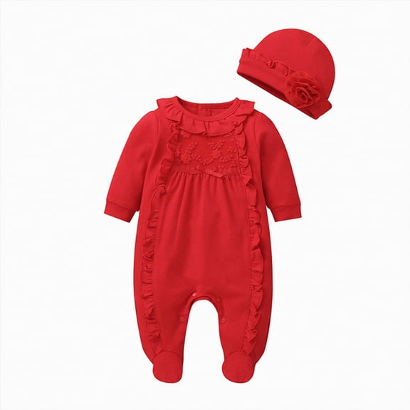 CAICJ98 Infant Baby Girl Ruffled Cotton Footies Footed Overall Romper with Hat Newborn Baby Footed Jumpsuit Fall Winter Spring Outfits (Red,4-6 Months)