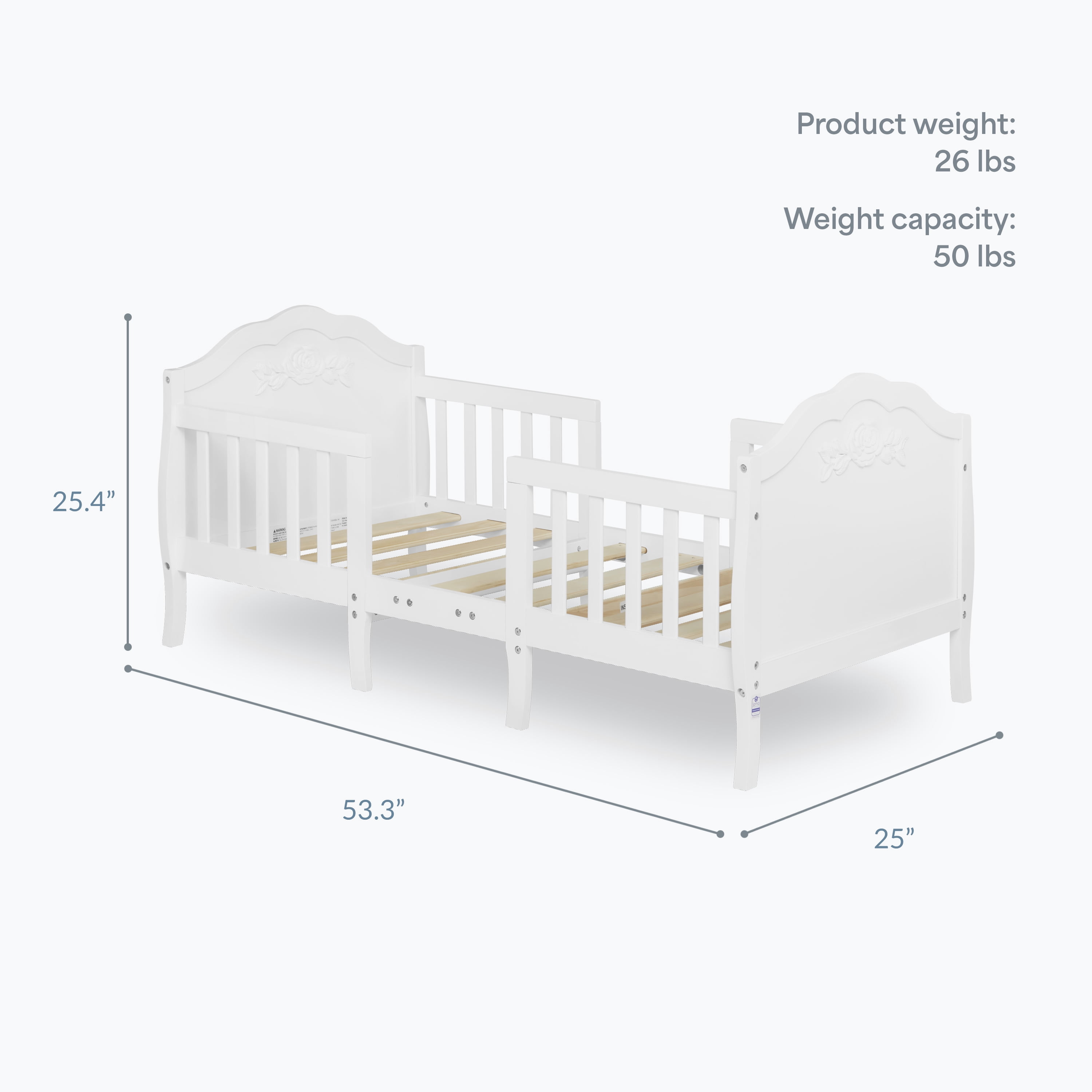 Dream On Me Rose 3-in-1 Convertible Toddler Bed, Greenguard Gold and JPMA Certified, White