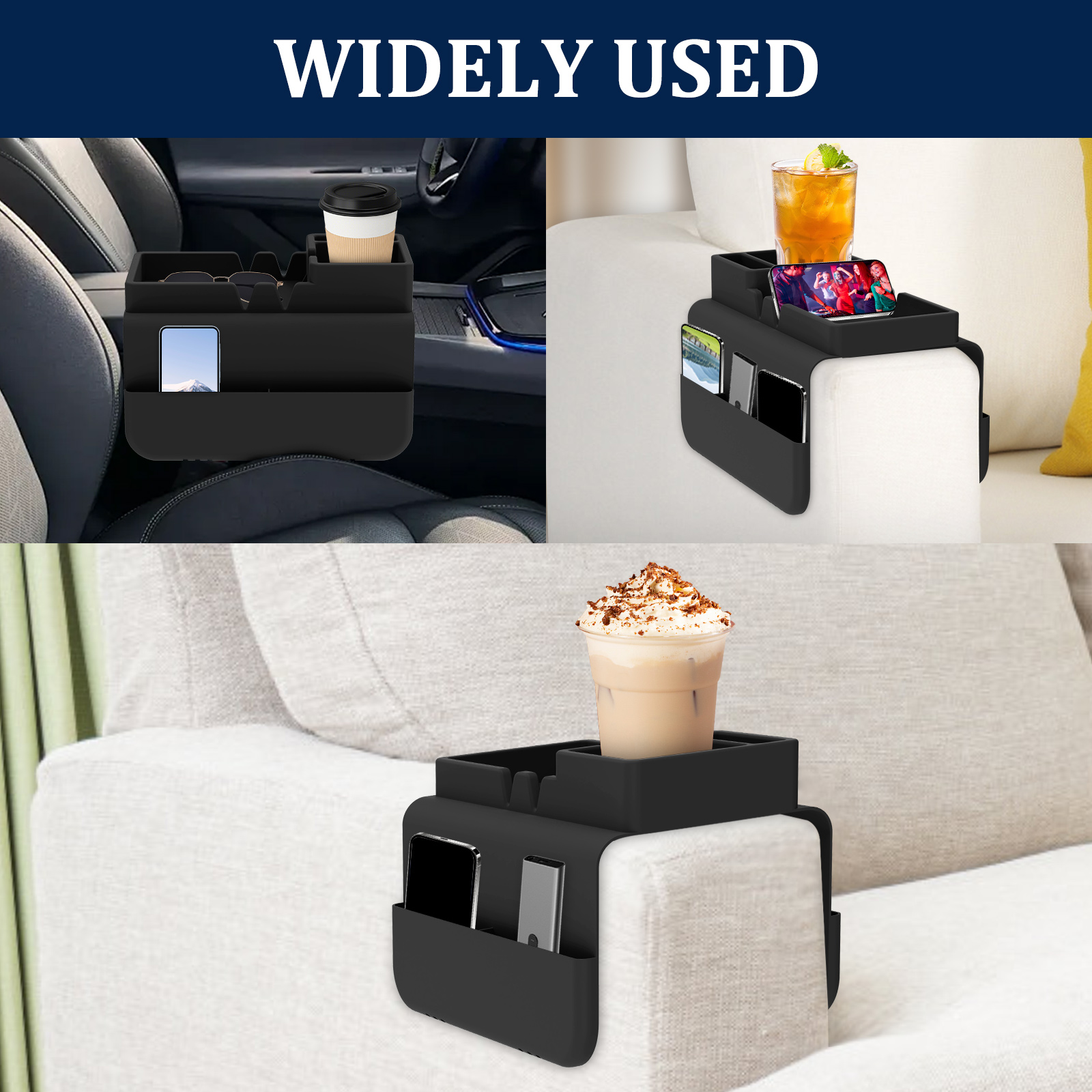 NUAHRHY Couch Cup Holder, Couch Arm Tray, Silicone Sofa Armrest Tray with Dual-Side Pocket, Anti-Spill Chair Recliner Organizer for Cellphone Remote Control Snacks iPad
