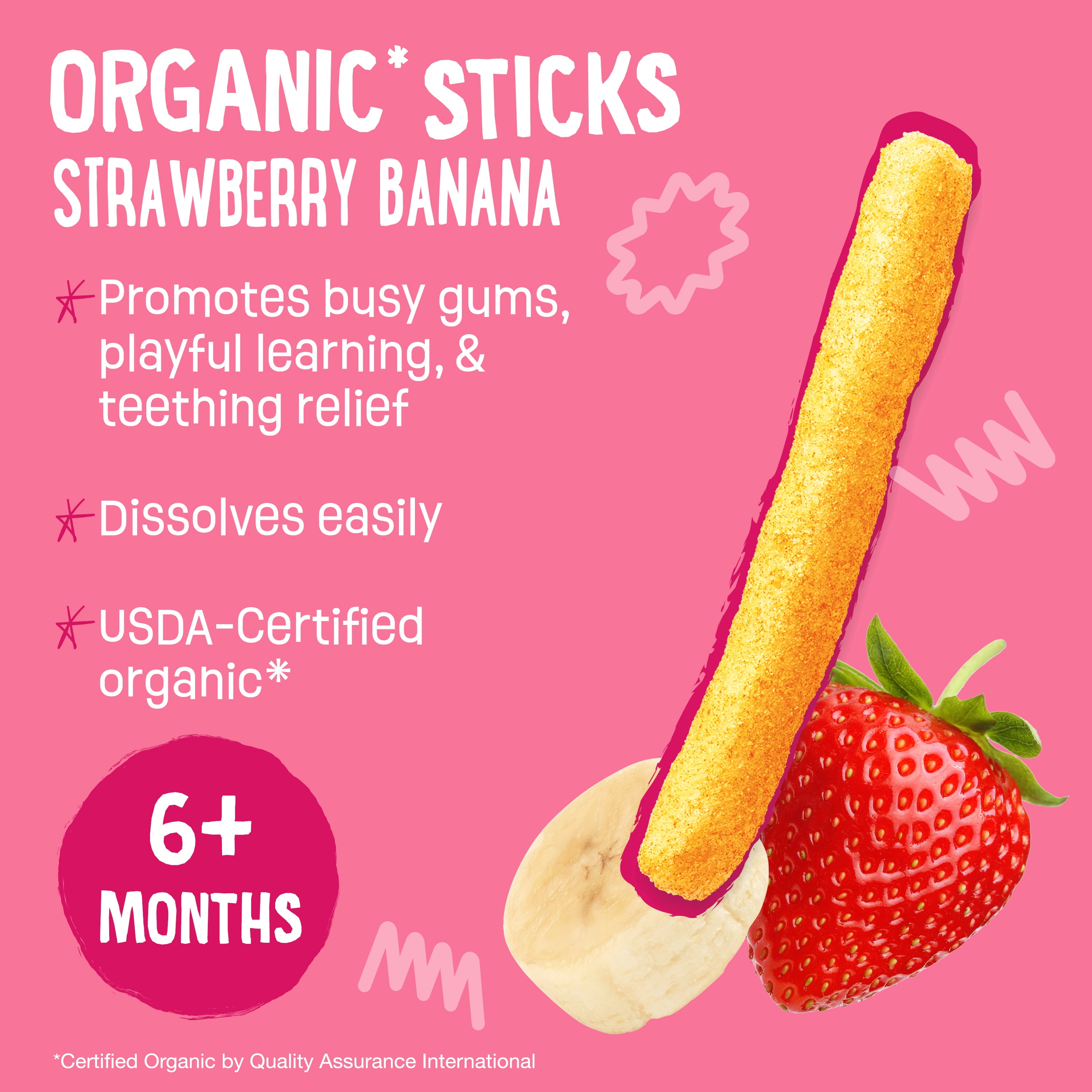 (5 pack) Earth's Best Organic Teething Crunchy Sticks Strawberry Banana Puffed Baby Snack, 0.56 oz Bag