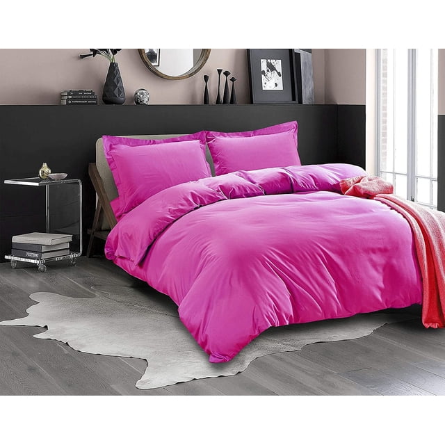 Mocassi 3-Piece Duvet Cover Set, 1800 Thread Count, Button Closure, Solid Color - Cooling, Breathable Material- Wrinkle, Fade, Stain Resistant, Full/Queen, Hot Pink