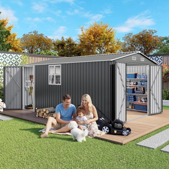 10x14FT Large Metal Storage Shed with Window and Two Lockable Doors, Sheds & Outdoor Storage for Garden, Backyard, Patio (Gray)