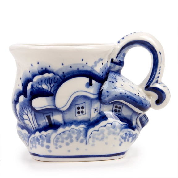 Porcelain Awakening Mug 200 ml In the Country Mug Blue and White Porcelain Gzhel Kitchen Mug