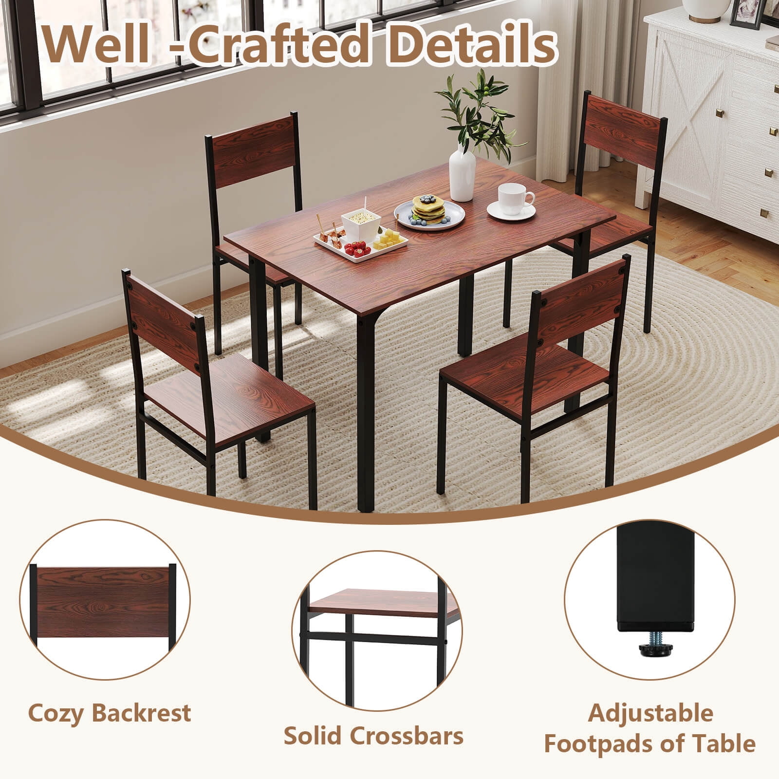 Costway 5 PCS Dining Table Set Industrial Style Kitchen Table & Chairs for 4 Dark Brown