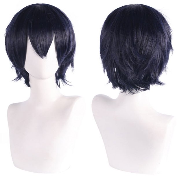 Zhuge Peluca de pelo corto unisex de anime, peluca de anime para cosplay, pelucas sintéticas resistentes al calor para fiesta de disfraces con flequillo, azul marino