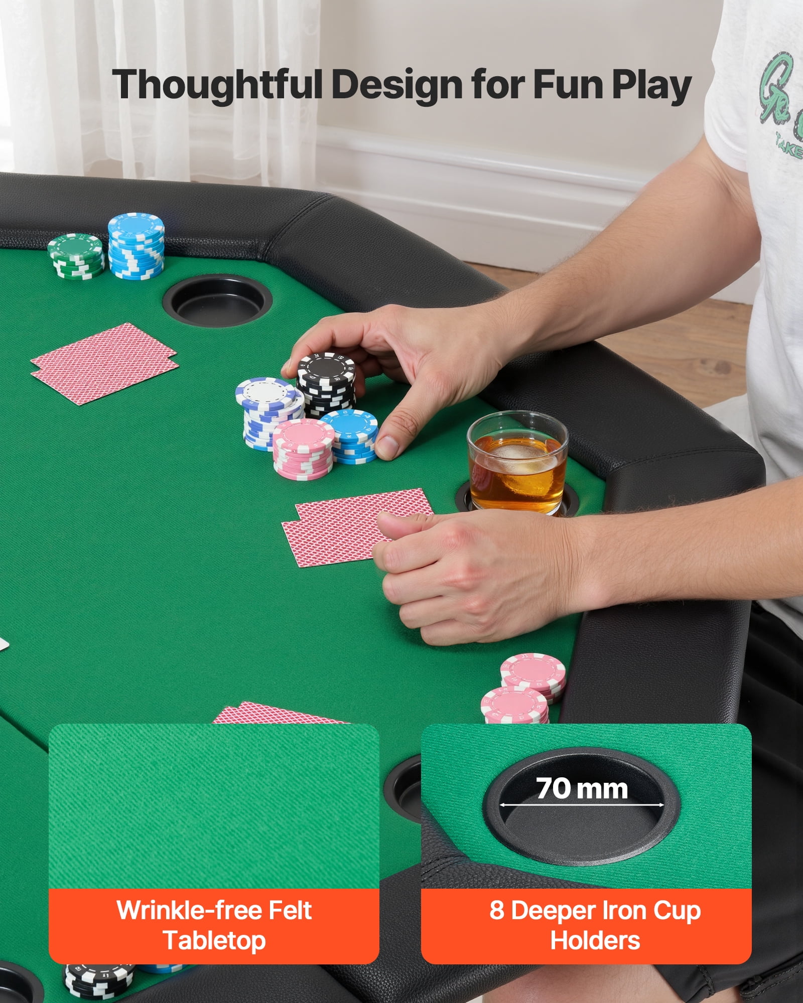 VEVOR Foldable Poker Table, 8 Player 48 in Folding Casino Leisure Table with Padded Rails & Cup Holders, Octagonal Portable Game Tables with Felt & Metal Legs, for Texas Holdeem Game and Blackjack