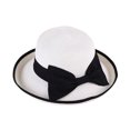 thumbnail image 1 of Sombrero tipo pescador con ala ancha ondulada de encaje y protección solar, decorado con un lazo de cinta., 1 of 8