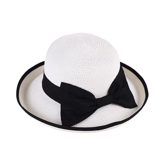 Sombrero tipo pescador con ala ancha ondulada de encaje y protección solar, decorado con un lazo de cinta.