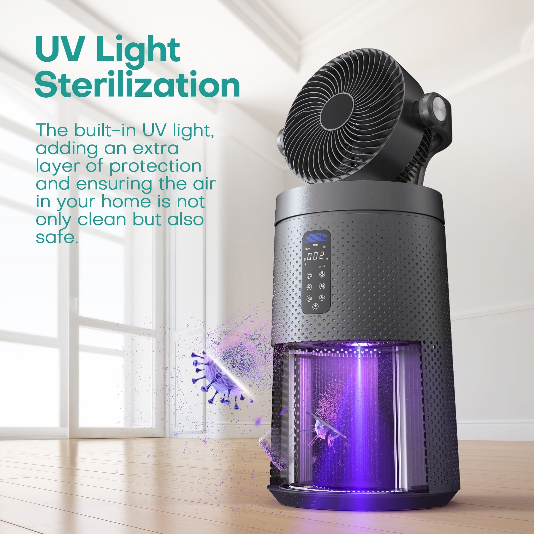 Air Purifier Fan for Home Large Rooms Up to 2500 Sq.Ft Smart WiFi Air Circulator Cleaner with Washable Filter, Space Gray