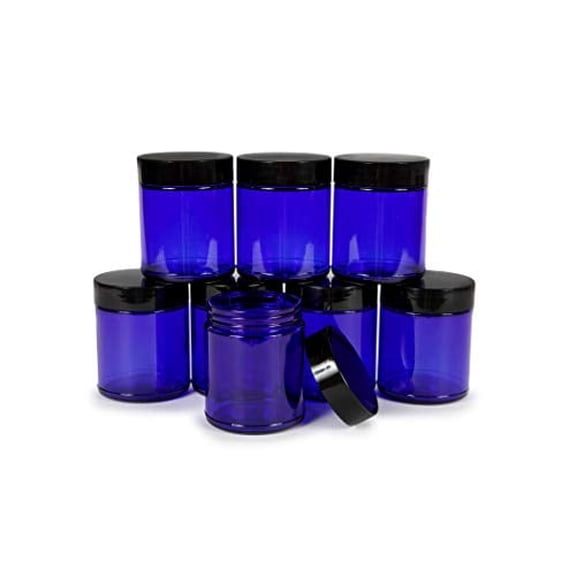 Vivaplex, Cobalt Blue, 8 ounce, Round Glass Jars, with Black Lids - 8 pack